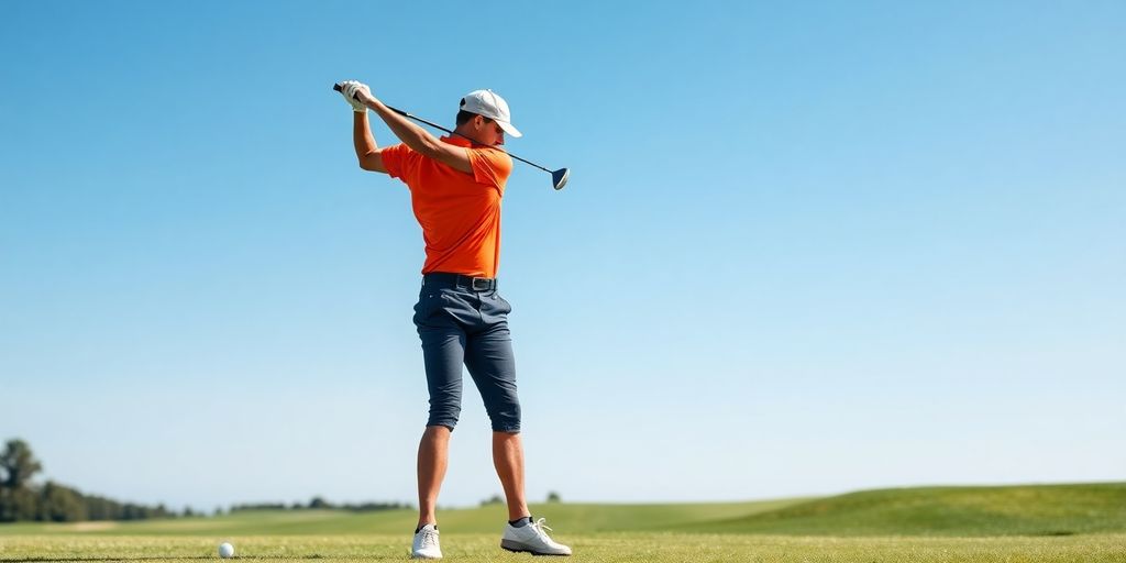 Golfer swinging on a green course under blue skies.