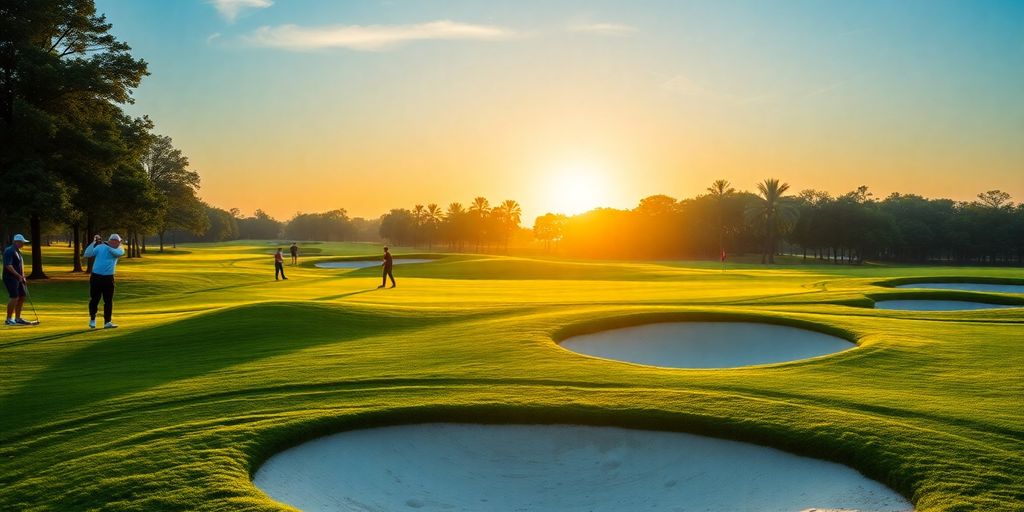 Diverse golfers playing on a beautiful sunrise golf course.