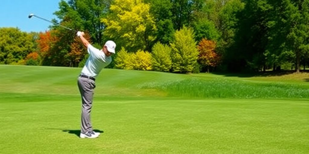 Golfer swinging on a sunny golf course.