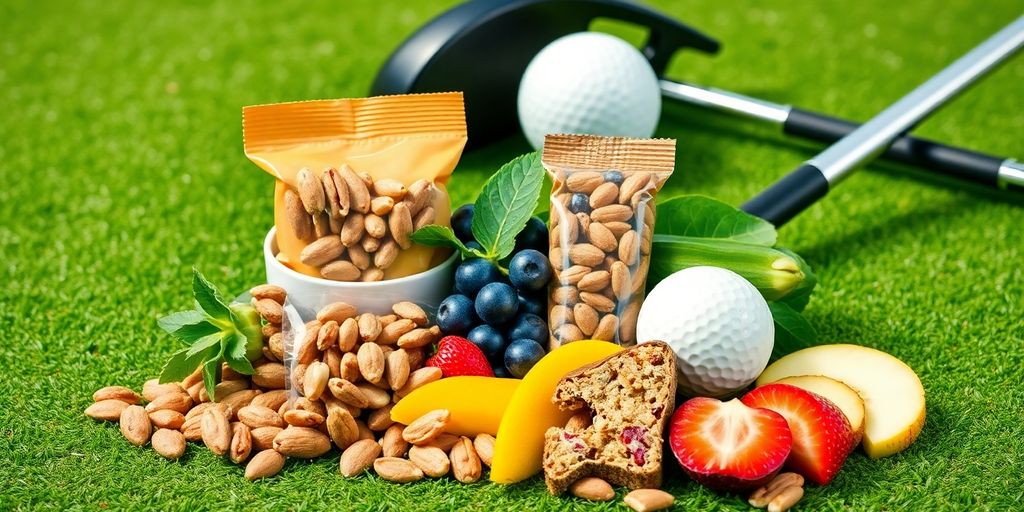 Healthy snacks for golfers on a golf course.