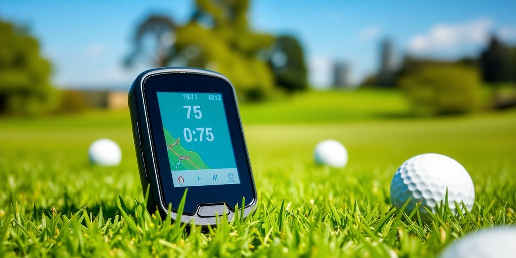 Golf GPS device on a lush green course.