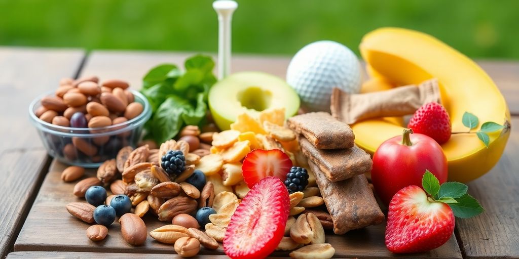 Healthy snacks for golfers on a wooden table.