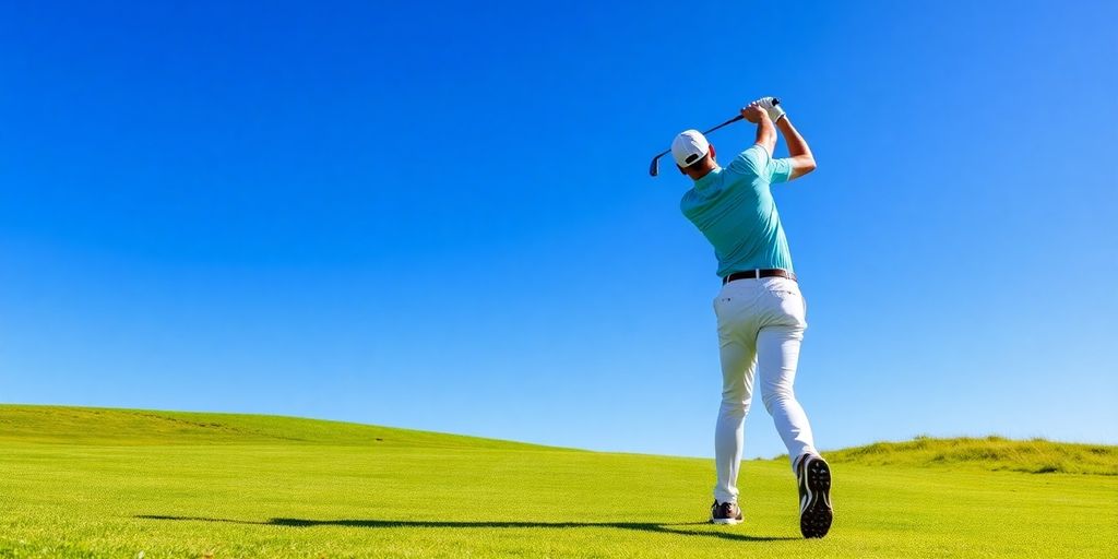 Golfer swinging on a sunny golf course with blue sky.