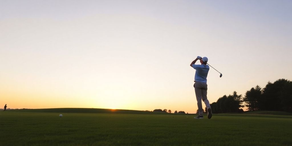 Golfer practicing swing on a peaceful golf course.