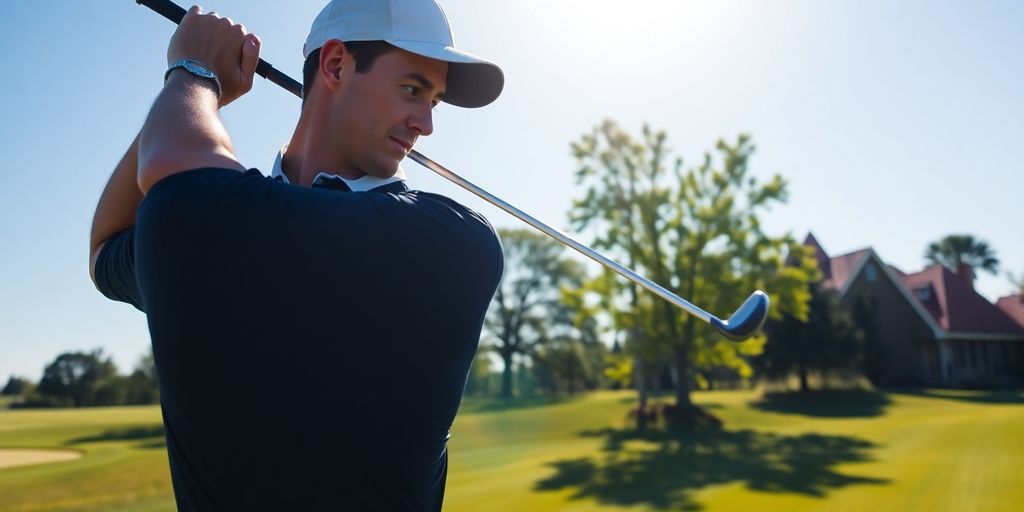 Golfer focusing on swing amid lush green fairways.