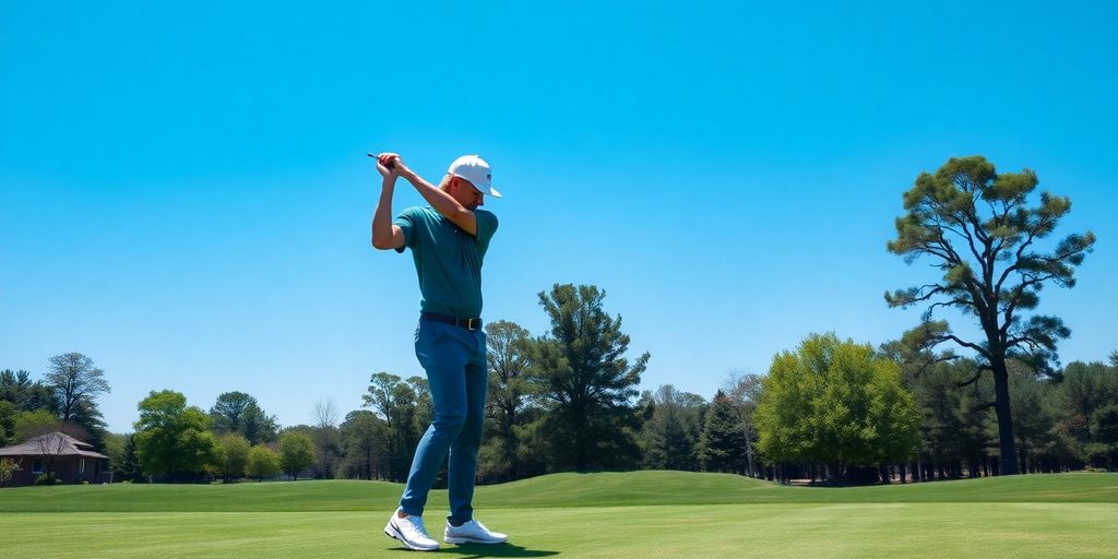 Golfer practicing swing on green course under blue sky.