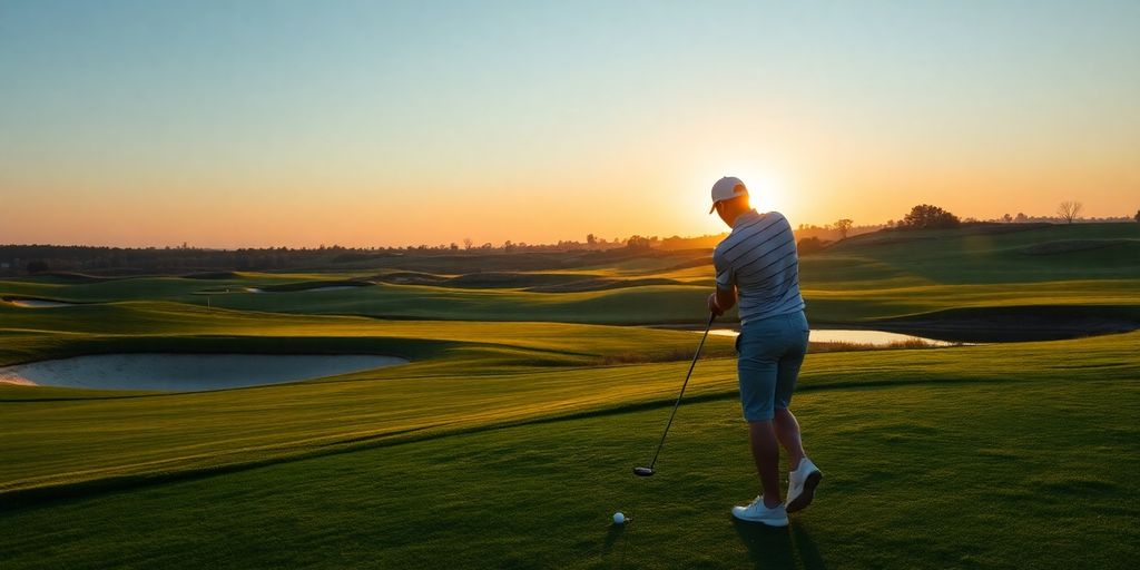 Golfer contemplating shot on scenic golf course at sunset.