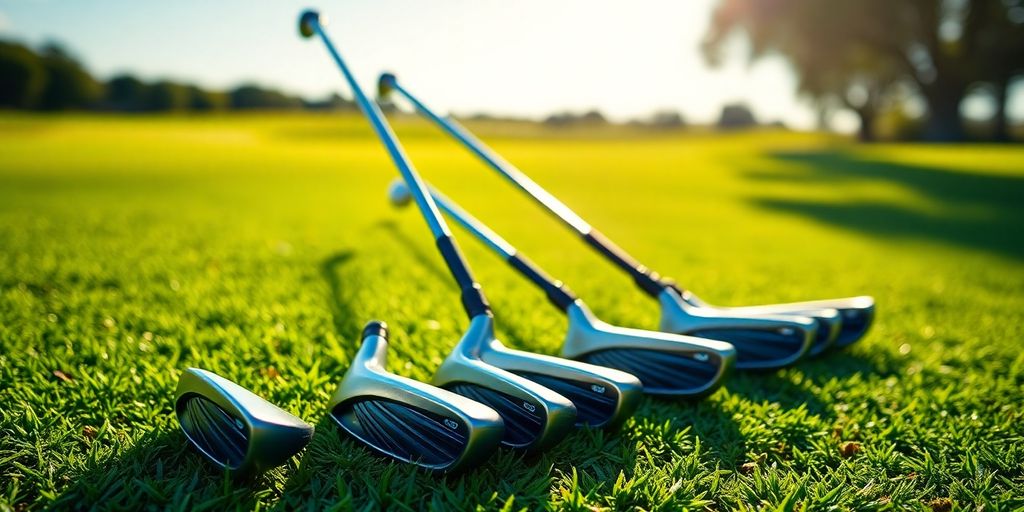 Intermediate left-handed golf clubs on a green fairway.