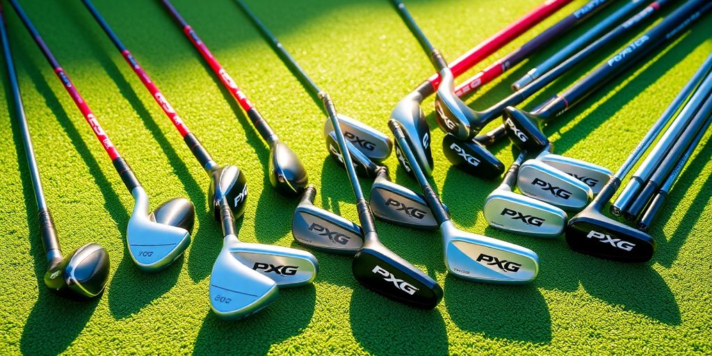 A collection of PXG golf clubs on a green surface.