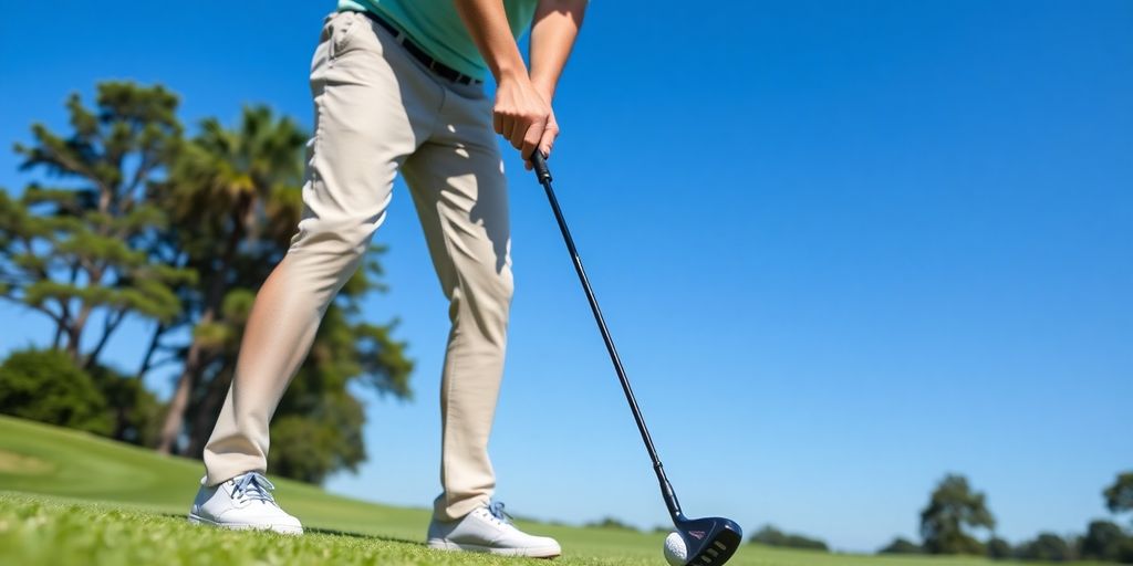 Beginner golfer swinging a club on a golf course.