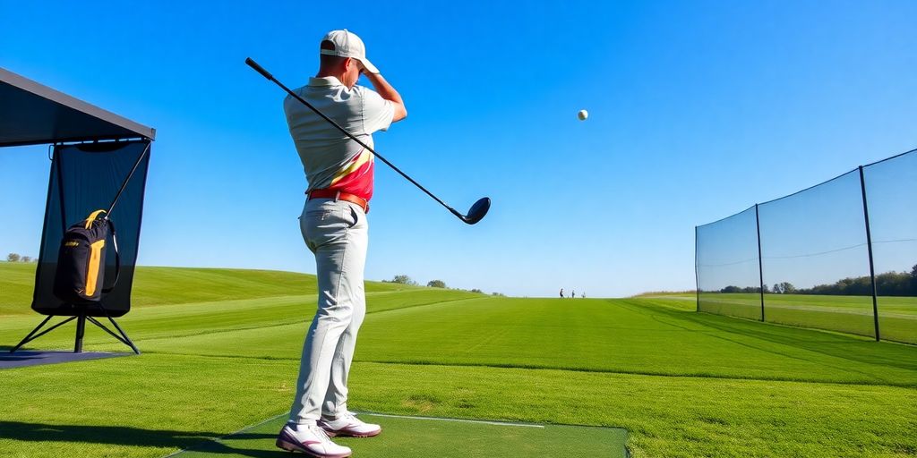 Golfer practicing driver swing at the driving range.