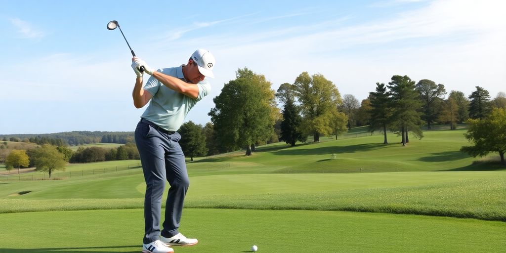 Golfer performing a swing drill on the golf course.