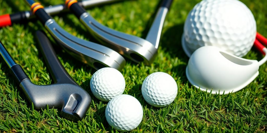 High-quality golf clubs and balls on green grass.