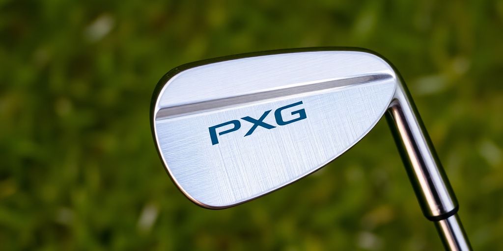 Close-up of a PXG wedge club on grass.