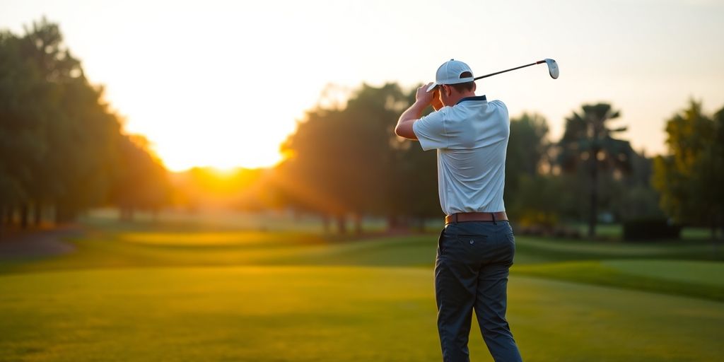 Golfer swinging on a green course at sunset.