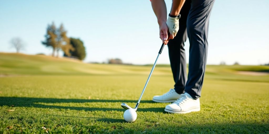 Golfer practicing short game on a beautiful golf course.