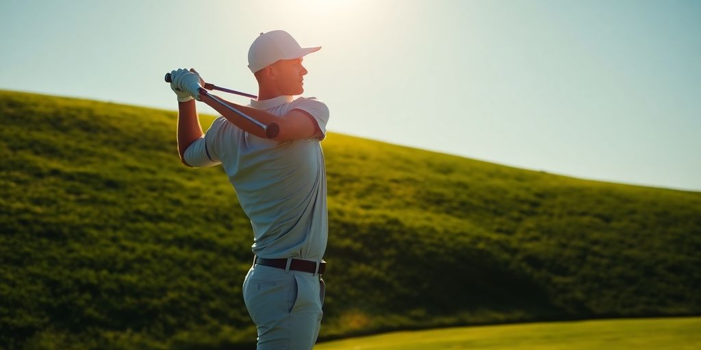 Golfer swinging on a green course under a blue sky.