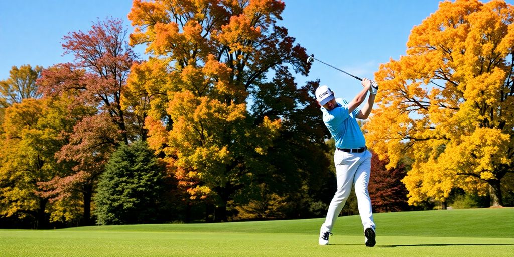 Golfer swinging a driver on a sunny golf course.