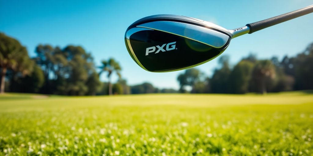 Golfer using PXG driver on a sunny golf course.