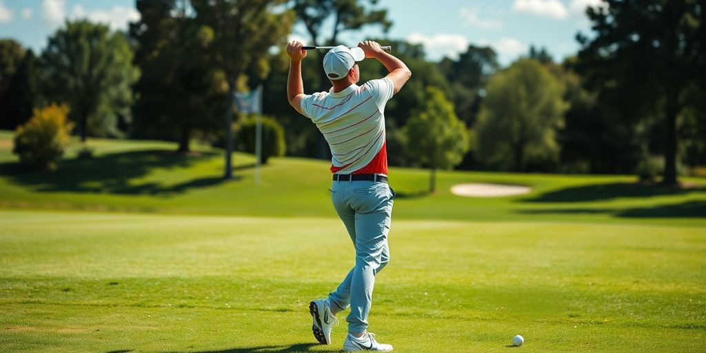 Golfer swinging a club on a sunny golf course.