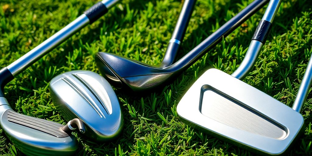 Close-up of essential golf clubs on green grass.