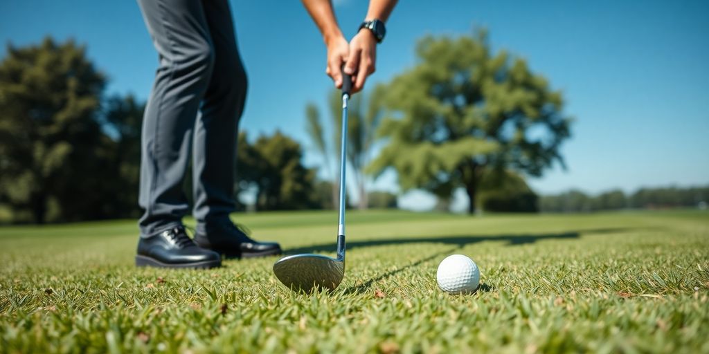 Golfer preparing for a short game shot on the green.