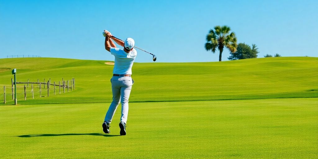 Golfer in mid-swing on a sunny golf course.