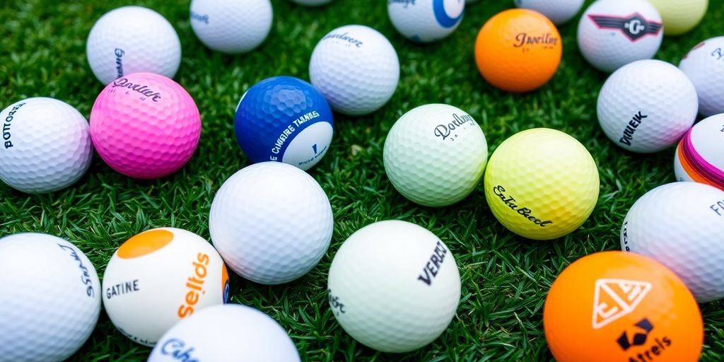 Colorful golf balls on green turf, ideal for golfers.