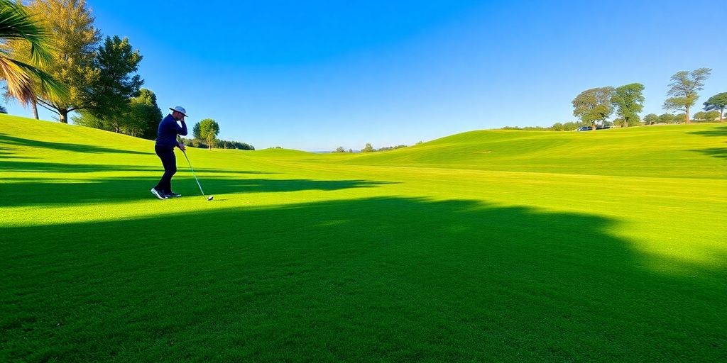 A golfer practicing swing on a sunny golf course.