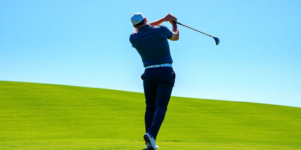 Golfer swinging on a golf course with blue sky.