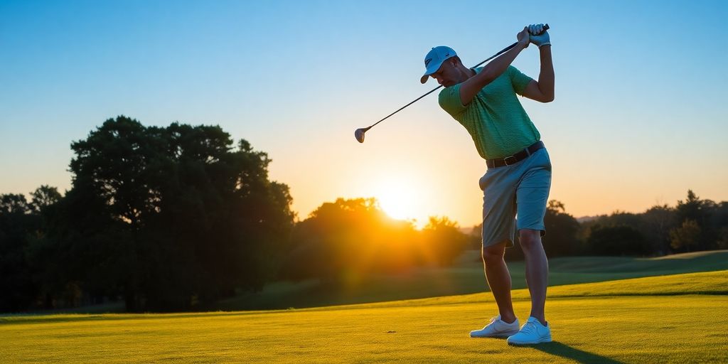 Golfer swinging club on a fairway at sunset.