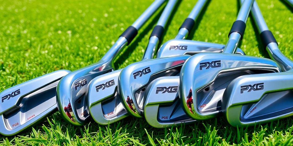 Photograph of PXG used irons on a golf course.