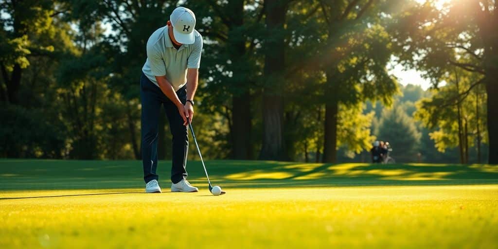 Golfer practicing putting drills on a green golf course.