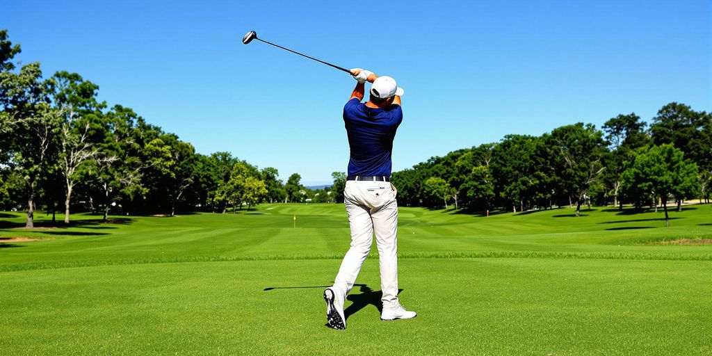 Golfer swinging club on a vibrant green golf course.