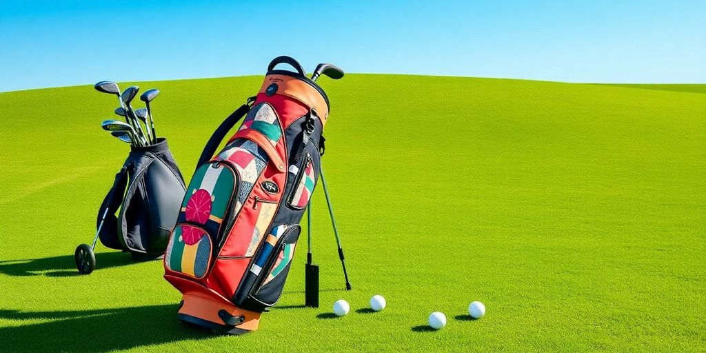 Colorful golf bag on green grass with clubs.