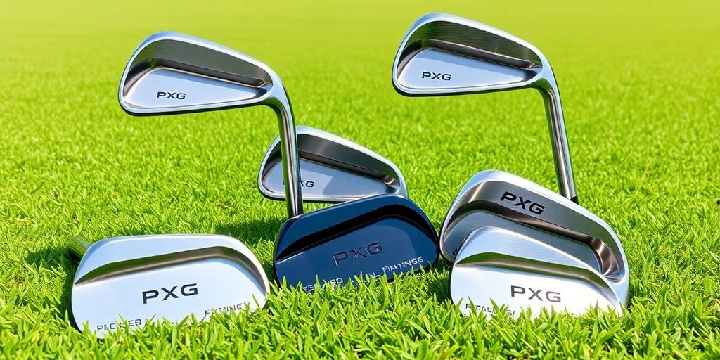 Collection of PXG wedges on a golf course.