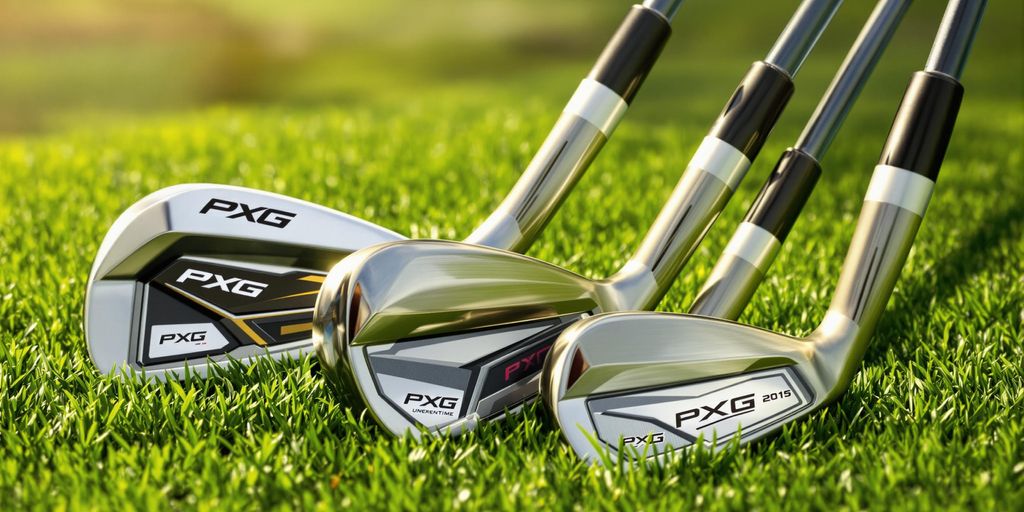 Close-up of PXG wedge set on golf course.