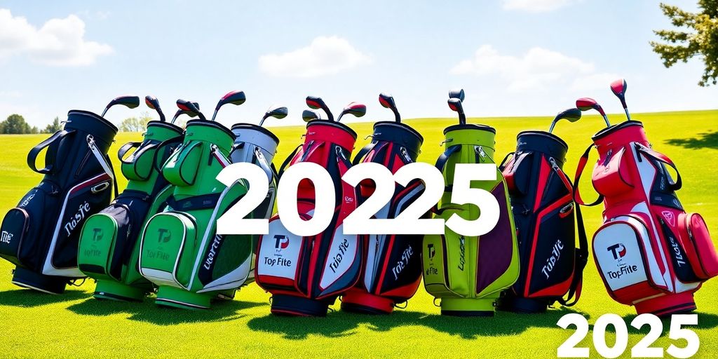 Various Top Flite golf bags on a green golf course.