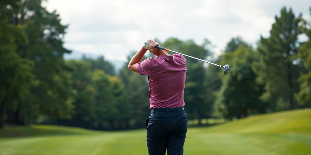 Golfer swinging on a green course background.