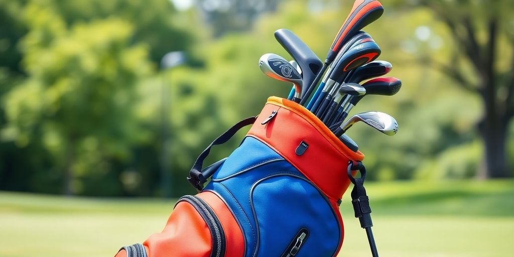 Premium golf bag with clubs in an outdoor setting.