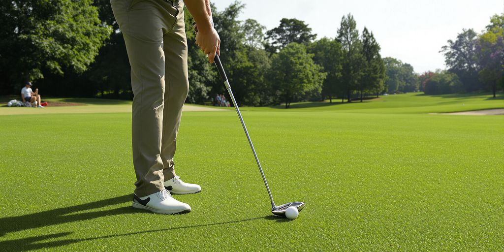 Golfer practicing short game on a sunny green fairway.