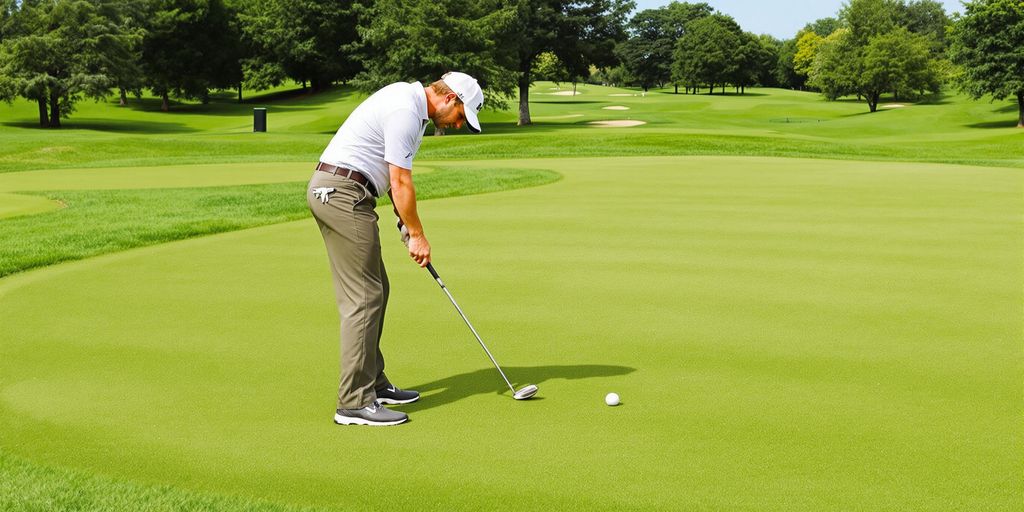 Golfer practicing short game skills on a green course.