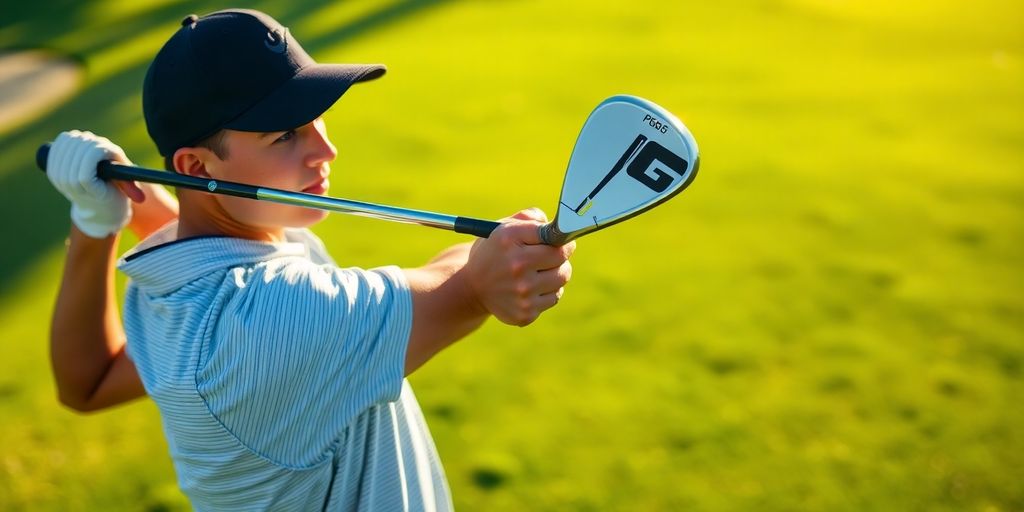 Golfer swinging a PXG iron on a golf course.