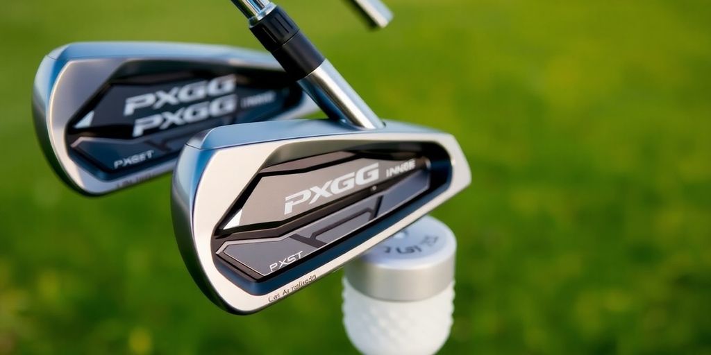 Close-up of left-handed PXG golf irons on grass.