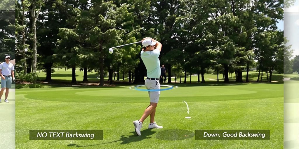 Golfer practicing backswing on a green golf course.