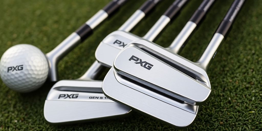 Close-up of PXG Gen 5 T Irons on golf course.