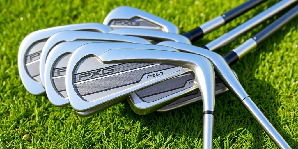 Set of PXG pre-owned irons on lush green grass.