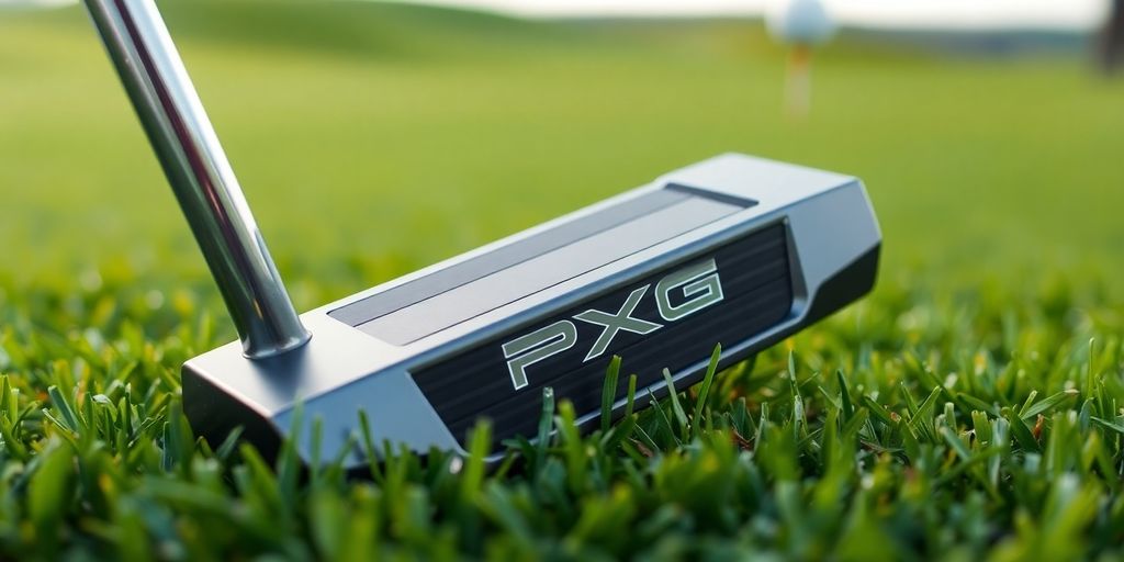 Close-up of a PXG putter on green grass.