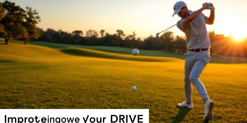 Golfer swinging on a green course during sunset.