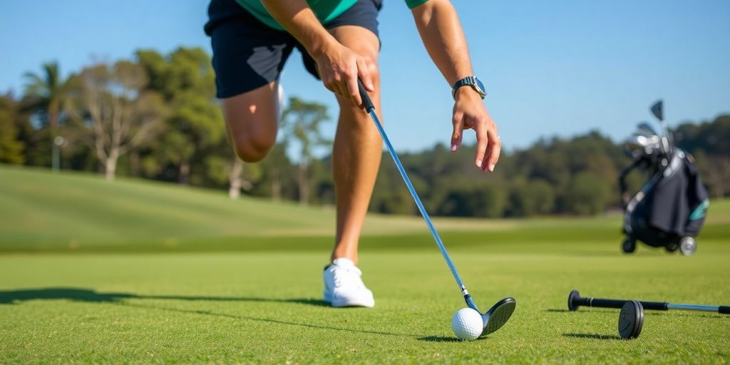 Golfer stretching on the green before hitting a ball.